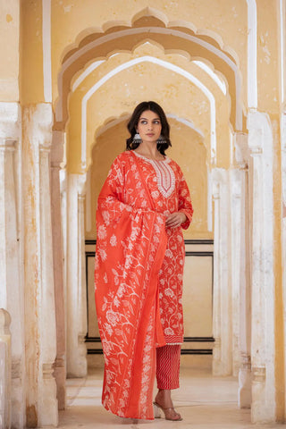 Red Cotton Blend Printed & Embroidered Suit Set with Dupatta