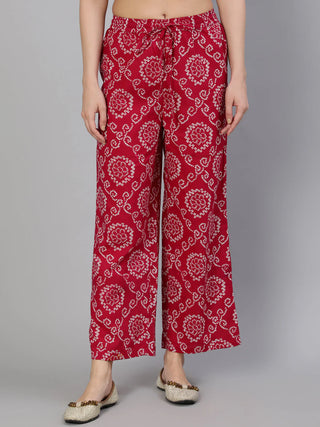 Red Cotton Anarkali Style Printed & Mirror Embroidered Suit Set with Dupatta