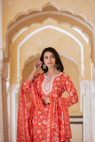 Red Cotton Blend Printed & Embroidered Suit Set with Dupatta