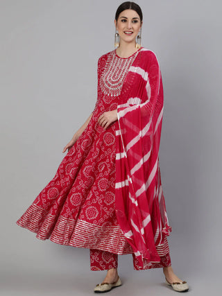 Red Cotton Anarkali Style Printed & Mirror Embroidered Suit Set with Dupatta
