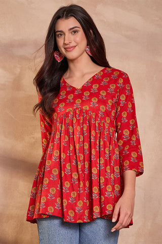 Red Cotton Peplum Style Floral Print Kurta