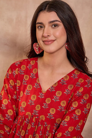 Red Cotton Peplum Style Floral Print Kurta
