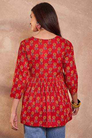 Red Cotton Peplum Style Floral Print Kurta