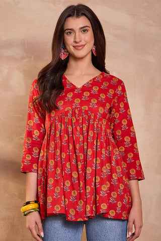 Red Cotton Peplum Style Floral Print Kurta
