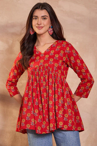 Red Cotton Peplum Style Floral Print Kurta