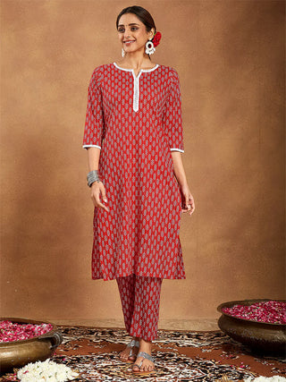 Red Cotton Ethnic Motif Printed Kurta Bottom Set