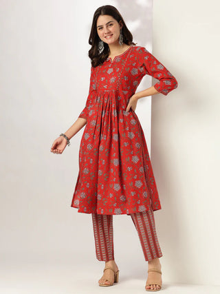 Red Pure Cotton Floral Print A Line Kurta Bottom Set
