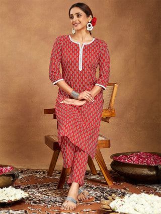 Red Cotton Ethnic Motif Printed Kurta Bottom Set