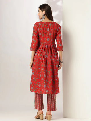Red Pure Cotton Floral Print A Line Kurta Bottom Set