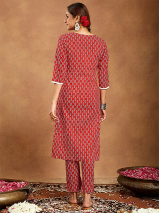 Red Cotton Ethnic Motif Printed Kurta Bottom Set