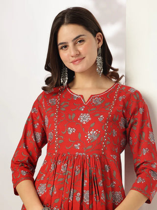 Red Pure Cotton Floral Print A Line Kurta Bottom Set