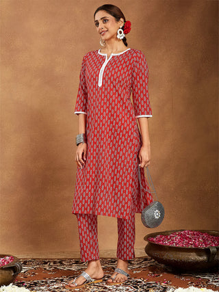 Red Cotton Ethnic Motif Printed Kurta Bottom Set
