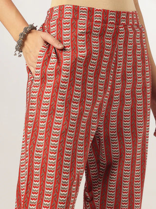 Red Pure Cotton Floral Print A Line Kurta Bottom Set