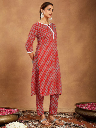 Red Cotton Ethnic Motif Printed Kurta Bottom Set