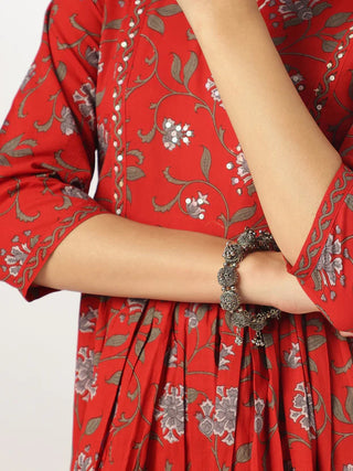 Red Pure Cotton Floral Print A Line Kurta Bottom Set