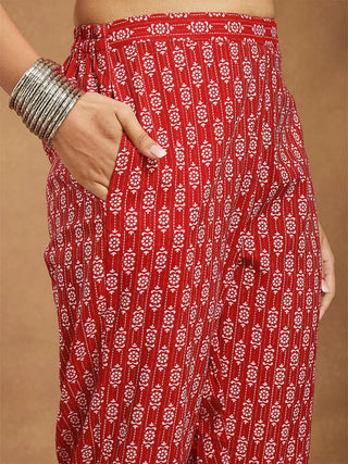 Red Cotton Ethnic Motif Printed Kurta Bottom Set