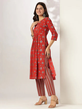 Red Pure Cotton Floral Print A Line Kurta Bottom Set