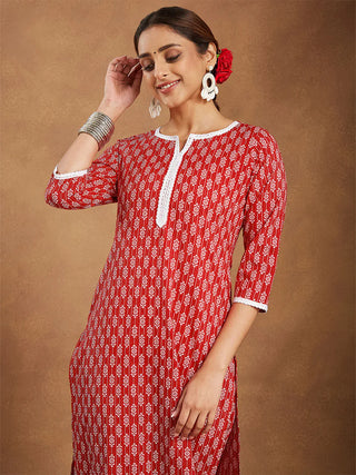 Red Cotton Ethnic Motif Printed Kurta Bottom Set