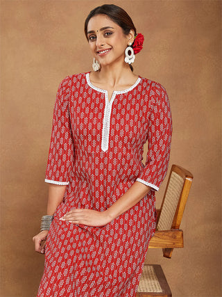 Red Cotton Ethnic Motif Printed Kurta Bottom Set