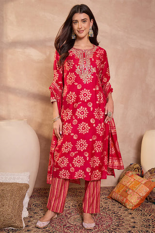 Red Rayon Blend Floral Print Suit Set with Dupatta