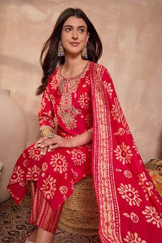Red Rayon Blend Floral Print Suit Set with Dupatta
