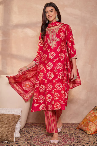 Red Rayon Blend Floral Print Suit Set with Dupatta