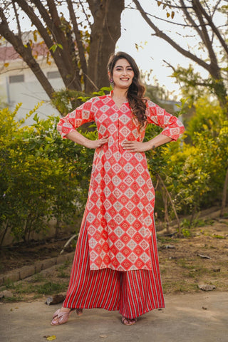 Red Rayon Digital Print Kurta Palazzo Set