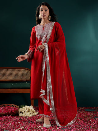 Red Silk Blend Embroidered Suit Set with Silk Chiffon Dupatta