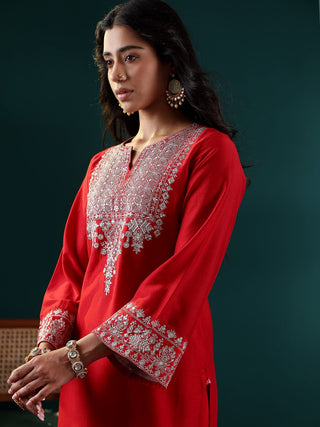 Red Silk Blend Embroidered Suit Set with Silk Chiffon Dupatta