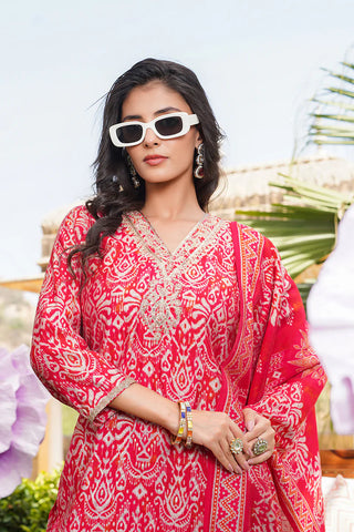 Red Silk Blend Ikat Print Straight Shape Suit Set with Dupatta