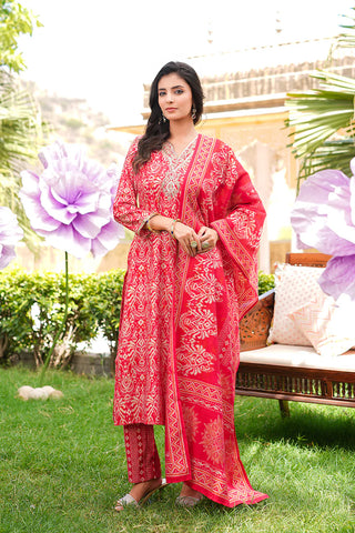 Red Silk Blend Ikat Print Straight Shape Suit Set with Dupatta