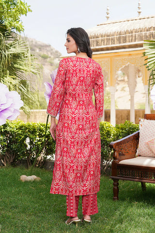 Red Silk Blend Ikat Print Straight Shape Suit Set with Dupatta