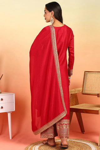 Red Silk Blend Embroidered Straight Shape Suit Set with Dupatta