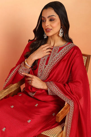 Red Silk Blend Embroidered Straight Shape Suit Set with Dupatta