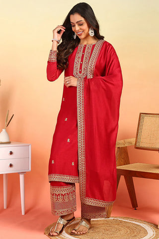 Red Silk Blend Embroidered Straight Shape Suit Set with Dupatta