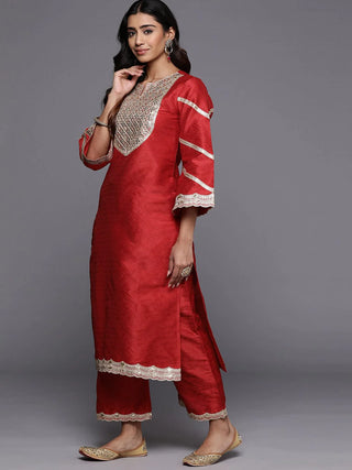 Red Embroidered Silk Suit Set With Dupatta