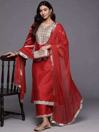 Red Embroidered Silk Suit Set With Dupatta