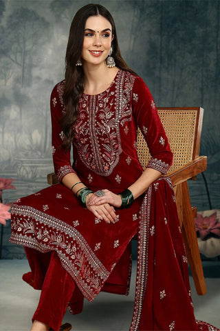 Red Velvet Ethnic Motif Printed Straight Shape Suit Set with Dupatta