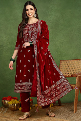 Red Velvet Ethnic Motif Printed Straight Shape Suit Set with Dupatta