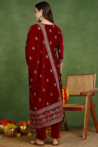 Red Velvet Ethnic Motif Printed Straight Shape Suit Set with Dupatta