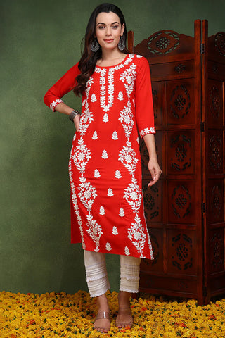 Red Viscose Rayon Floral Embroidered Chikankari Detailing Straight Shape Kurta