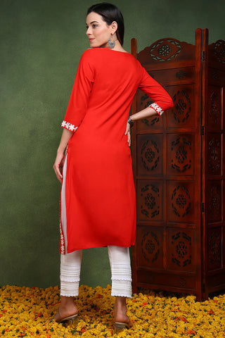 Red Viscose Rayon Floral Embroidered Chikankari Detailing Straight Shape Kurta