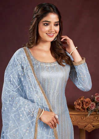 Ice Blue Embroidered Butterfly Net Salwar Suit Set