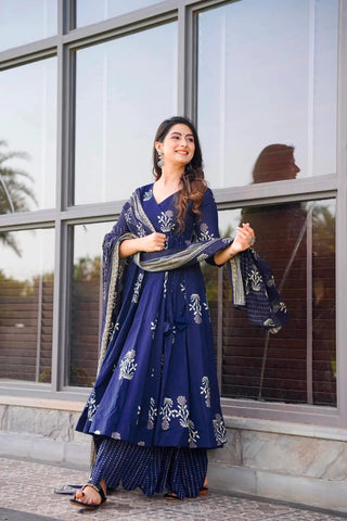 Royal Blue Muslin Digital Print Anarkali Style Shape Suit Set with Dupatta