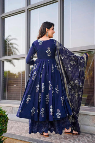 Royal Blue Muslin Digital Print Anarkali Style Shape Suit Set with Dupatta