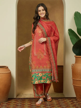 Rust Cotton Blend Ethnic Motif Printed Suit Set with Chanderi Blend Dupatta