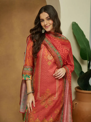 Rust Cotton Blend Ethnic Motif Printed Suit Set with Chanderi Blend Dupatta
