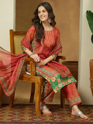 Rust Cotton Blend Ethnic Motif Printed Suit Set with Chanderi Blend Dupatta