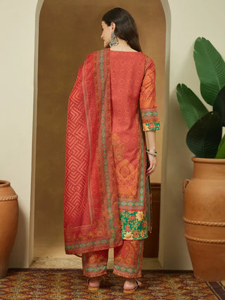 Rust Cotton Blend Ethnic Motif Printed Suit Set with Chanderi Blend Dupatta