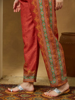 Rust Cotton Blend Ethnic Motif Printed Suit Set with Chanderi Blend Dupatta